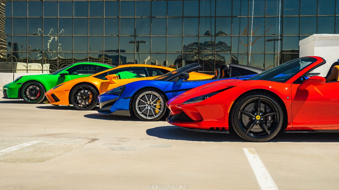 Exotics cars of vibrant colors parked together
