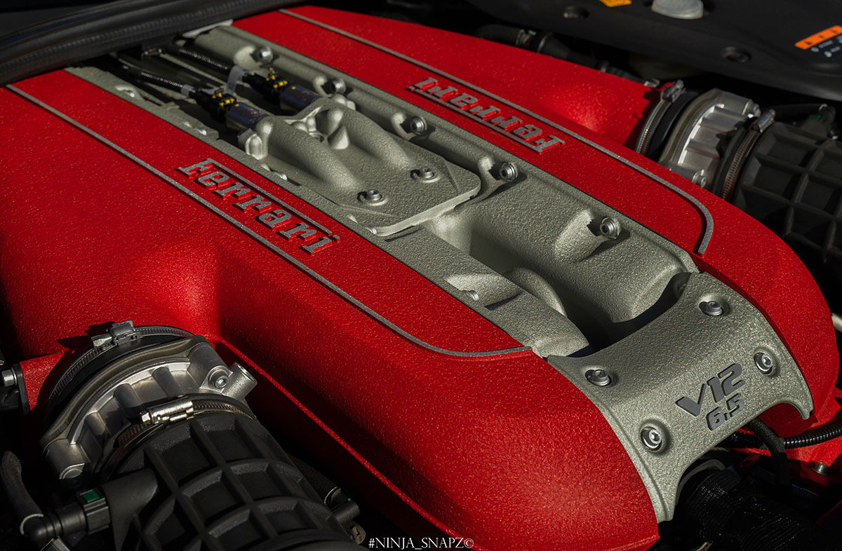 The engine of a Ferrari 812 Superfast.