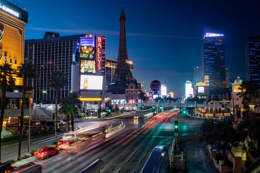 A busy lane in night-time Las Vegas