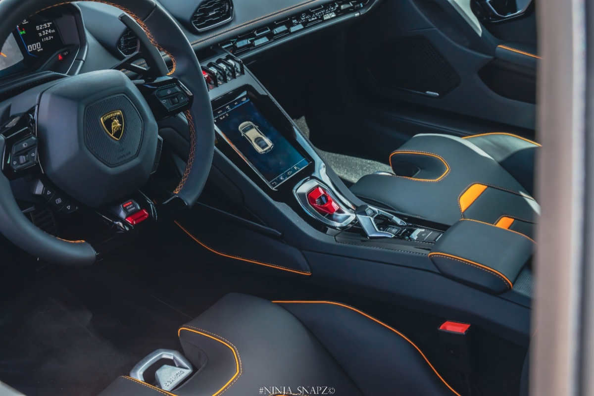 A Lamborghini Huracan EVO’s interior.