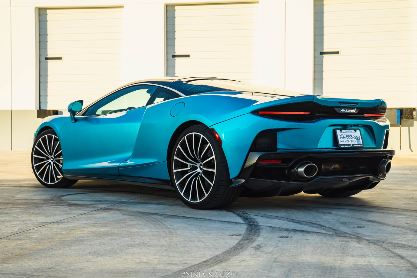Rear view of a blue Lamborghini